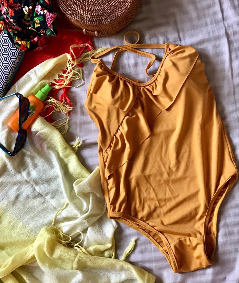 MUSTARD YELLOW ONE PIECE SWIMSUIT, Women's Fashion, Swimwear, Bikinis