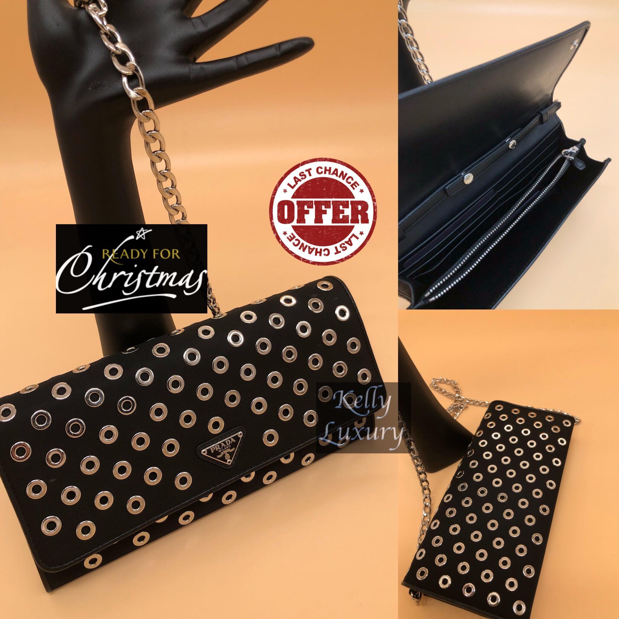 Prada Long Wallet Chain Wallet Black MT290 CALF RINGS On    