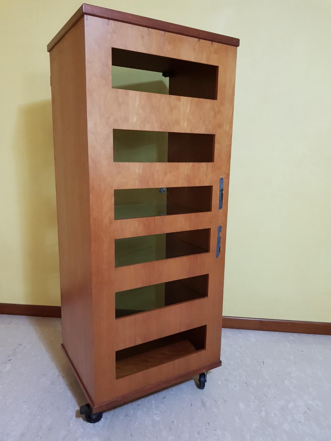 Six Tiers Solid Wood Hi Fi Cabinet With Glass Door And Rollers