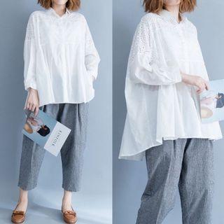 Plus Size Irregular Embroidered Shirt Women's Autumn Casual Long Sleeve White Lace Openwork Doll Shirt
