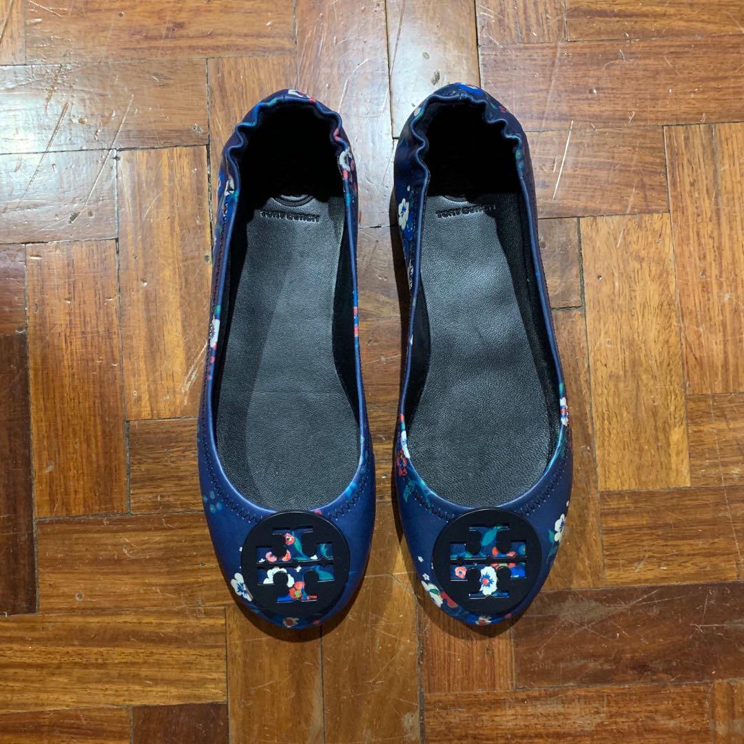 AUTH Tory Burch blue floral Minnie flats sz7US