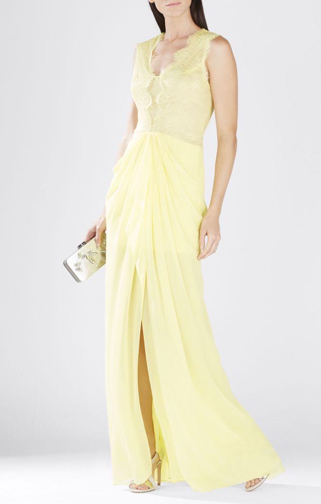 BCBGMAXAZRIA Women s Yellow Brandy Sleeveless Lace bodice Gown