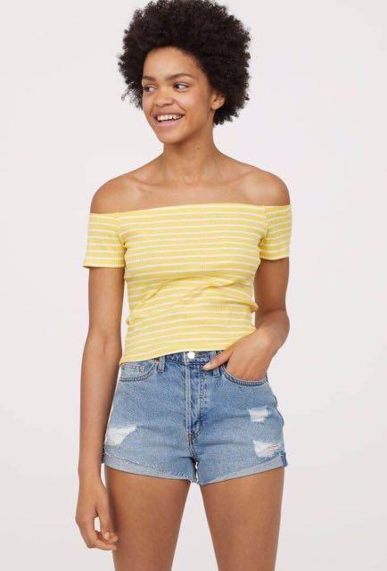 Yellow striped off the shoulder top store