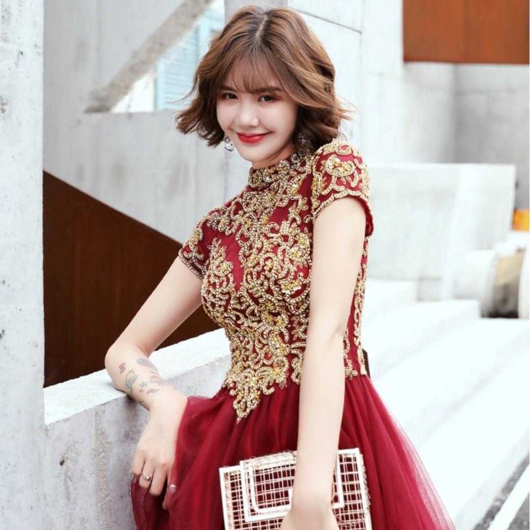 Red gold prom dress shop