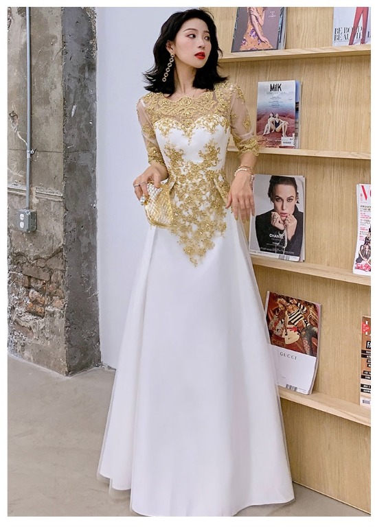 White and gold discount long sleeve prom dress