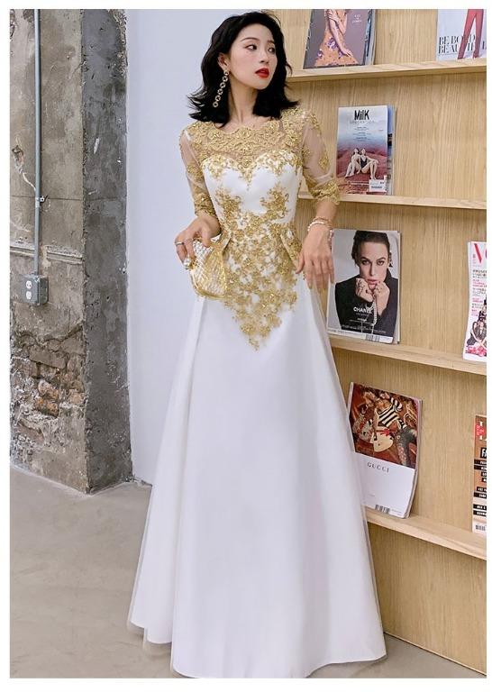 Pre order white gold long sleeve wedding prom evening dress gown
