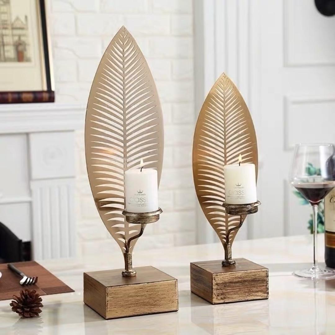 Rustic Leaf Candle Holder Metal Tabletop Decor Stand Furniture