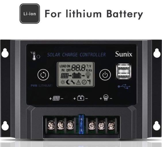 Upgraded Solar Panel Charge Intelligent Regulator with Fuse Dual 5V 2A USB Port Sunix 10A 12V Solar Charge Controller for lithium Battery Overload Protection Temperature Compensation 