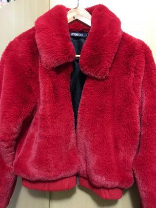 Beyond Her Faux Fur Red Bomber Jacket