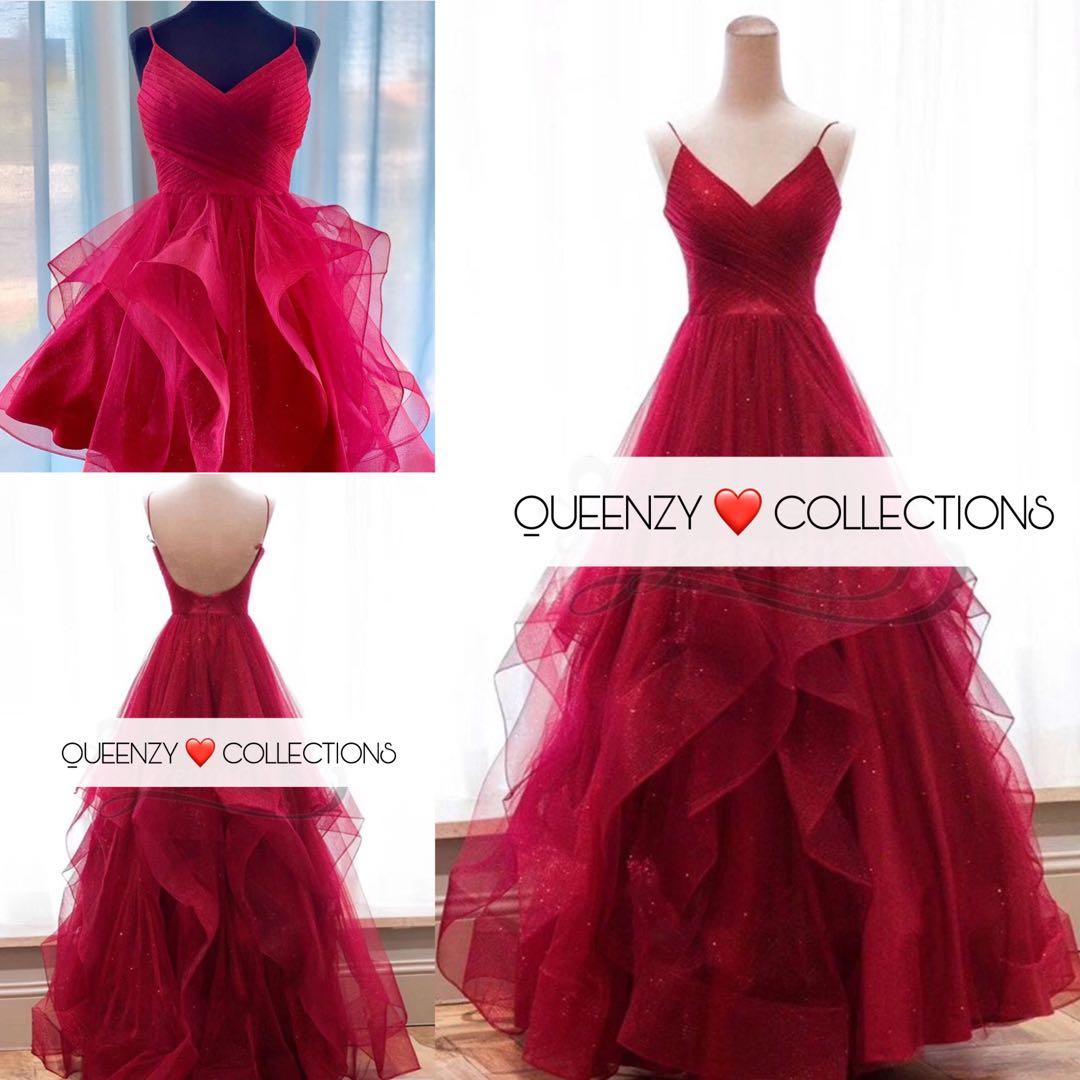 Glittery Ball Gown for rent (Category: Evening dresses & gowns) located in Taguig. Submitted by queen_senorita (Listing ID 245345555, Image 2). Description: TAYLOR BALL GOWN ❤️ Spaghetti Straps Red Long Prom Dress with Ruffles. Glitter material makes the prom dress puffy and shiny. Fabric: Tulle Shown Color: Red Size: Small- Large Rental Fee: Php 1,699 Deposit/Security Deposit: + Php 1000 (Refundable) Small-Large Bust 34- 37 Waistline 27- 32 Hips