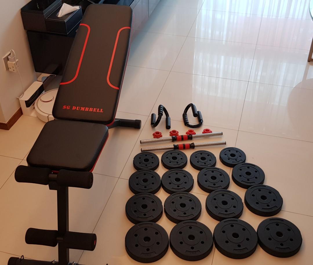 Used Once Gym Bench Dumbbells And Barbell With 16 Adjustable