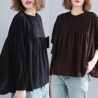 Plus Size Corduroy Striped Chiffon Shirt Splicing Long Sleeve Loose Solid Color A Edition Bottom Top
