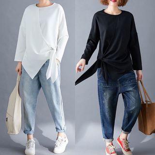 Plus Size Bow Irregular T-Shirt Women's Fashion Long Sleeve Round Neck Solid Color Top