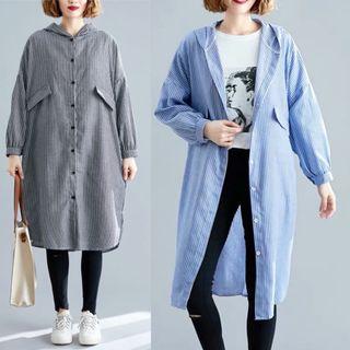Plus Size cotton and hooded shirt in the long section of the split shirt Lantern sleeve striped cardigan