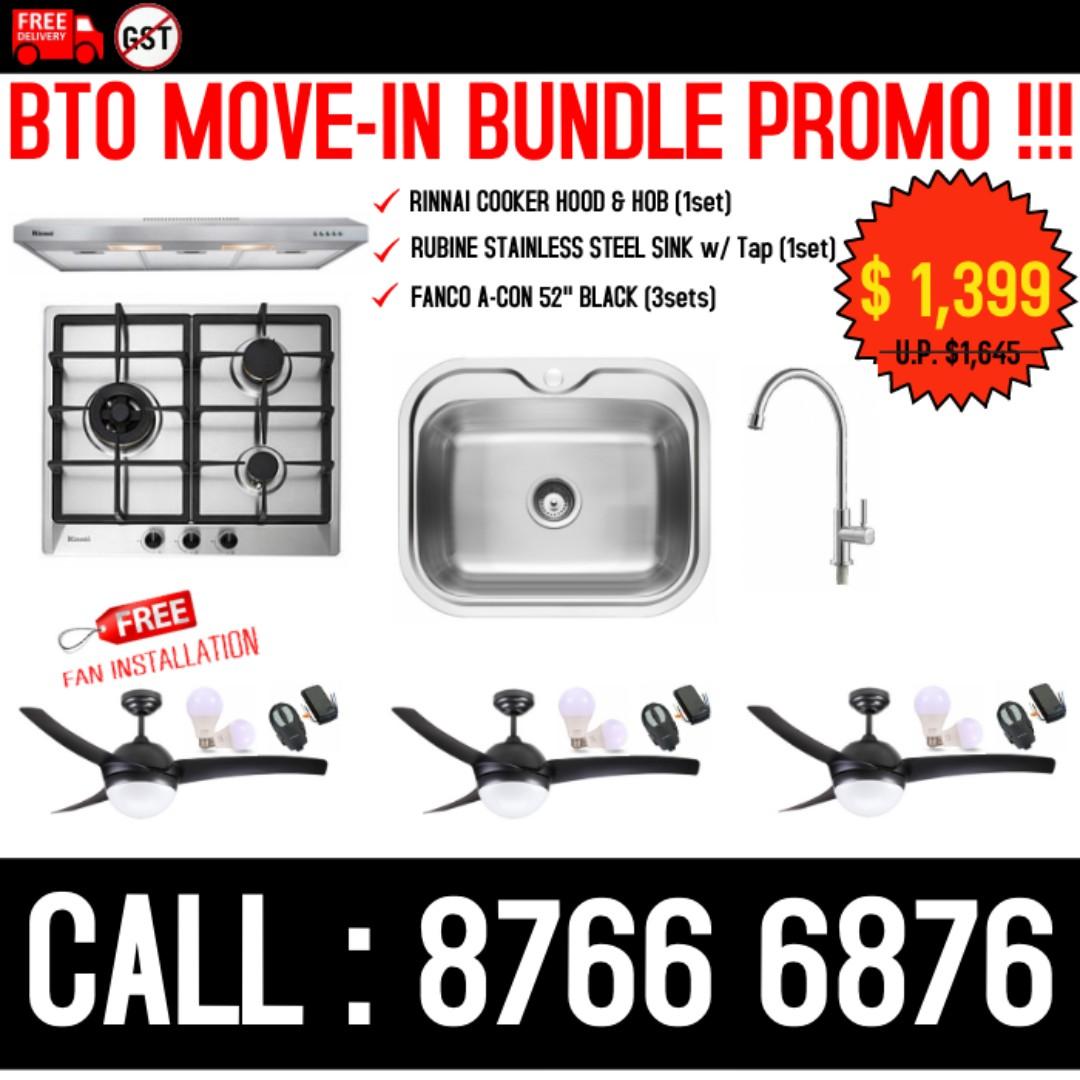 Bto Move In Bundle Promo Rubine Kitchen Sink Kitchen Tap Rinnai Cooker Hood Hob Anco Ceiling Fan Home Appliances Kitchenware On Carousell