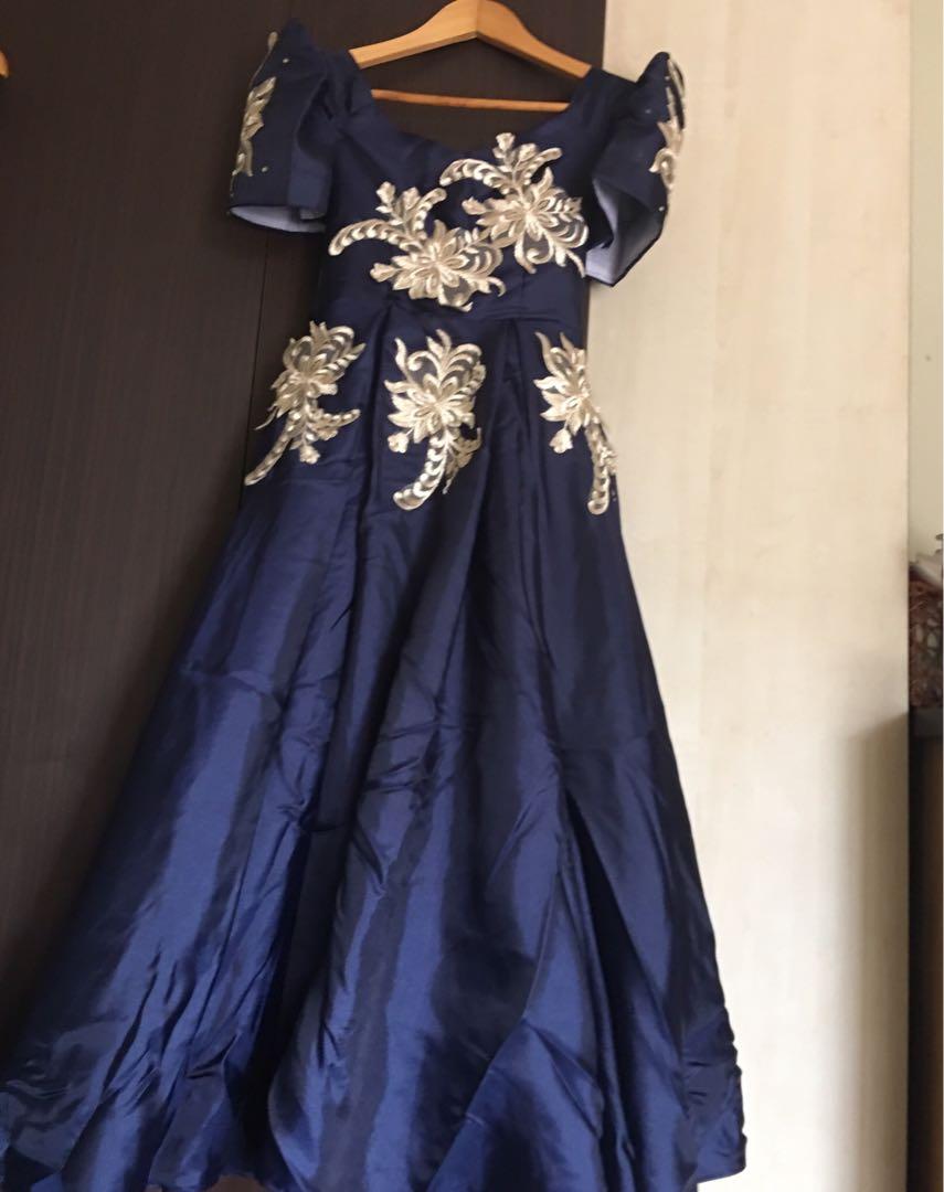 Filipiniana Terno Navy Blue Gown Satin, Women's Fashion, Dresses & Sets ...
