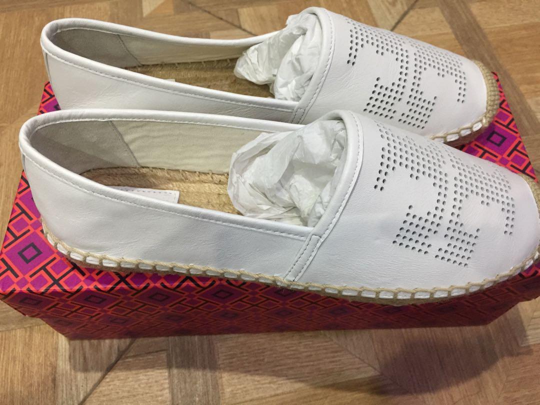 Original Tory Burch Perforated Logo Flat Espadrille White US 8