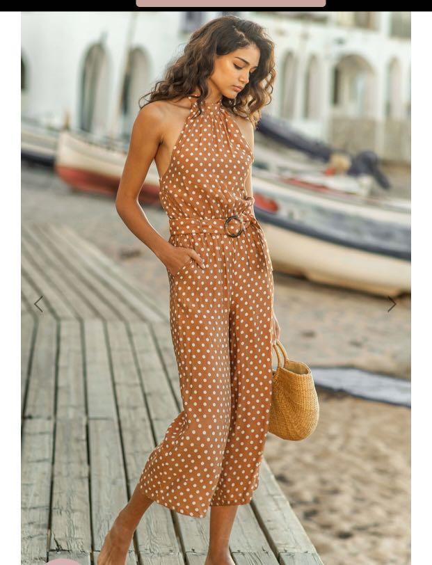 tan polka dot jumpsuit