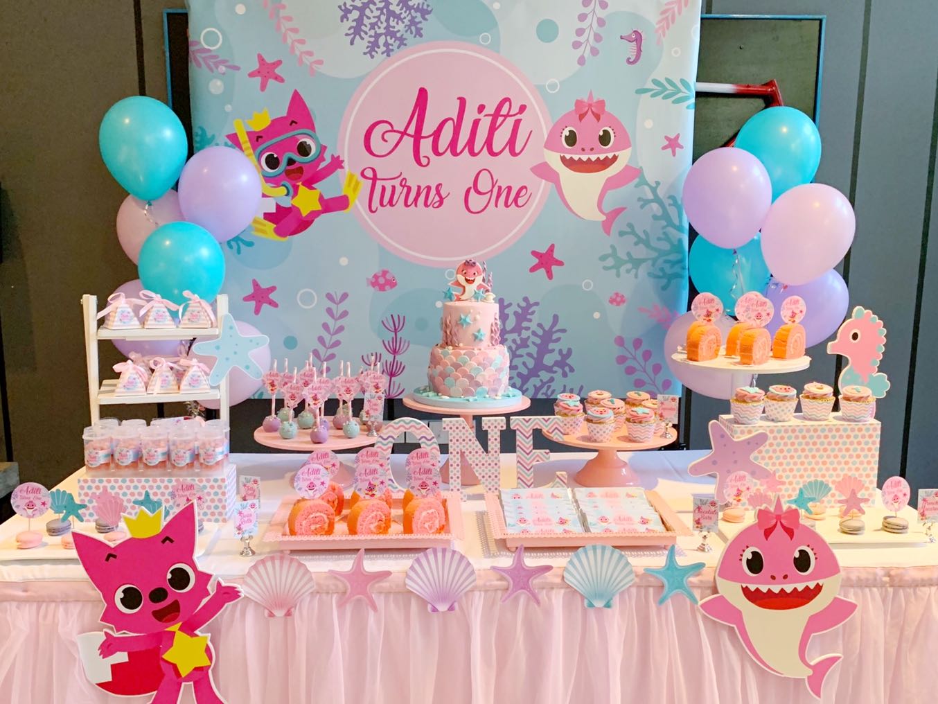 baby shark pink fong under the sea kids party dessert table