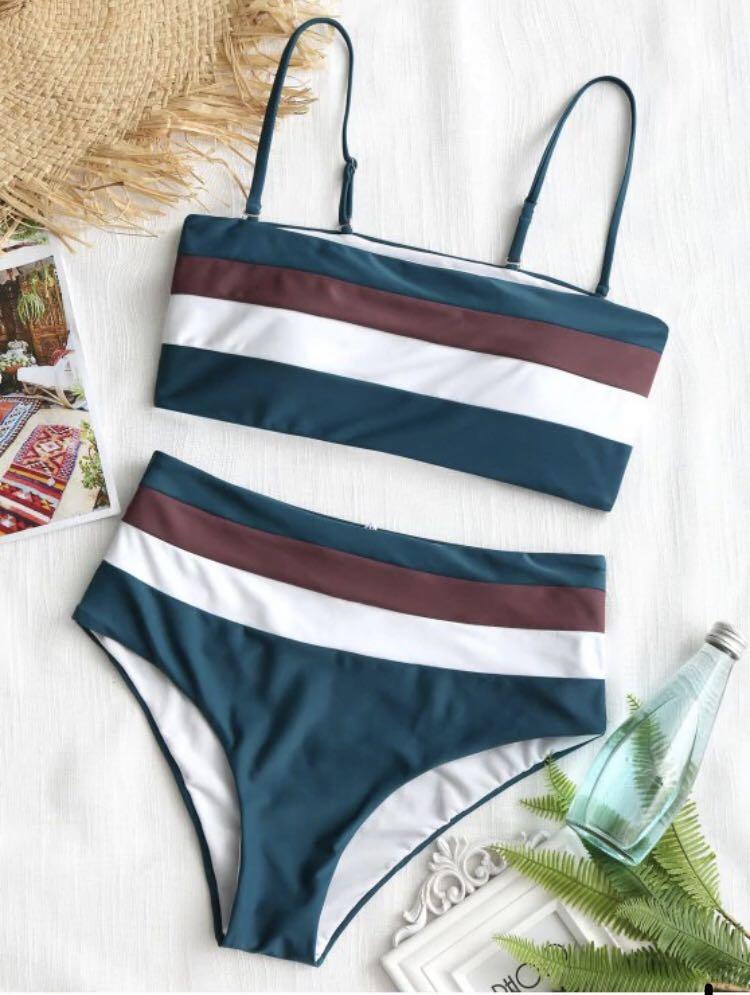 blue striped high waisted bikini