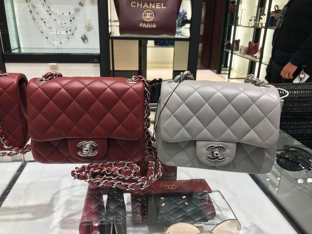 19B Chanel mini square in GREY or Burgundy lambskin in SHW, Luxury, Bags &  Wallets on Carousell