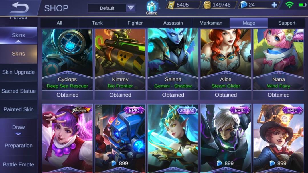 Mobile Legends Account ( MANY LIMITED EPIC SKIN INCLUDE ...