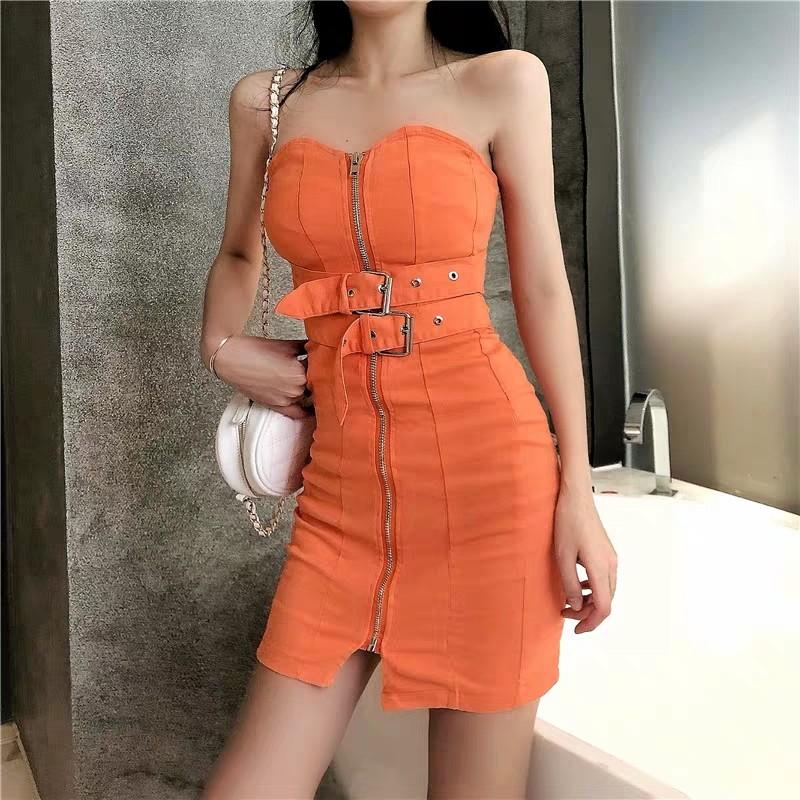 Orange Denim Sexy Bodycon Bardot Off Shoulder Dress with Buckle