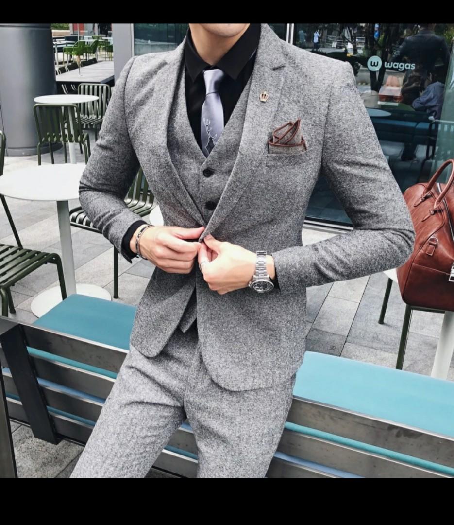 Wedding suits 3pc men quality tweed suits black grey brown Men s