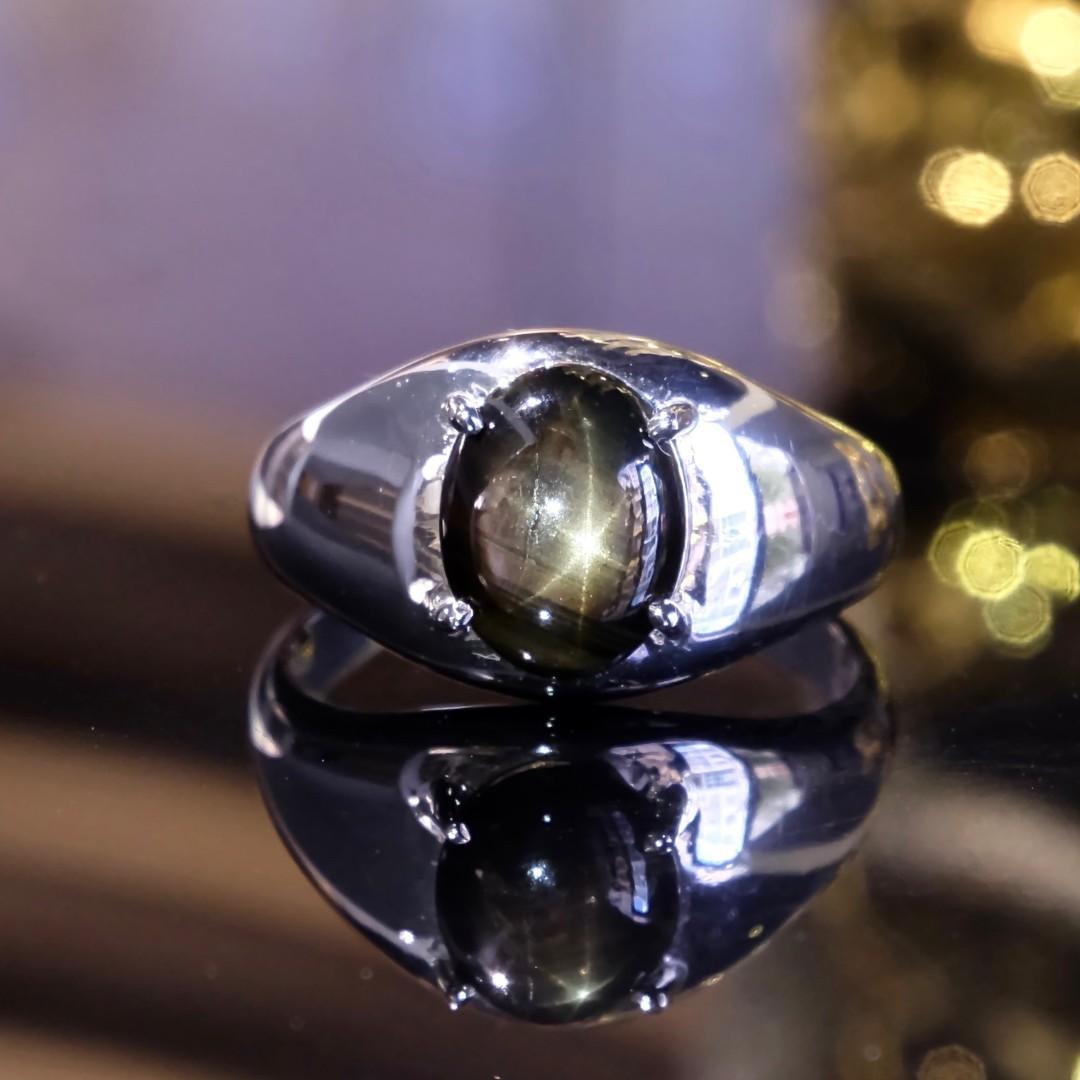 Ando Black Star Sapphire 18k White Gold Ring Men Ring Cabochon