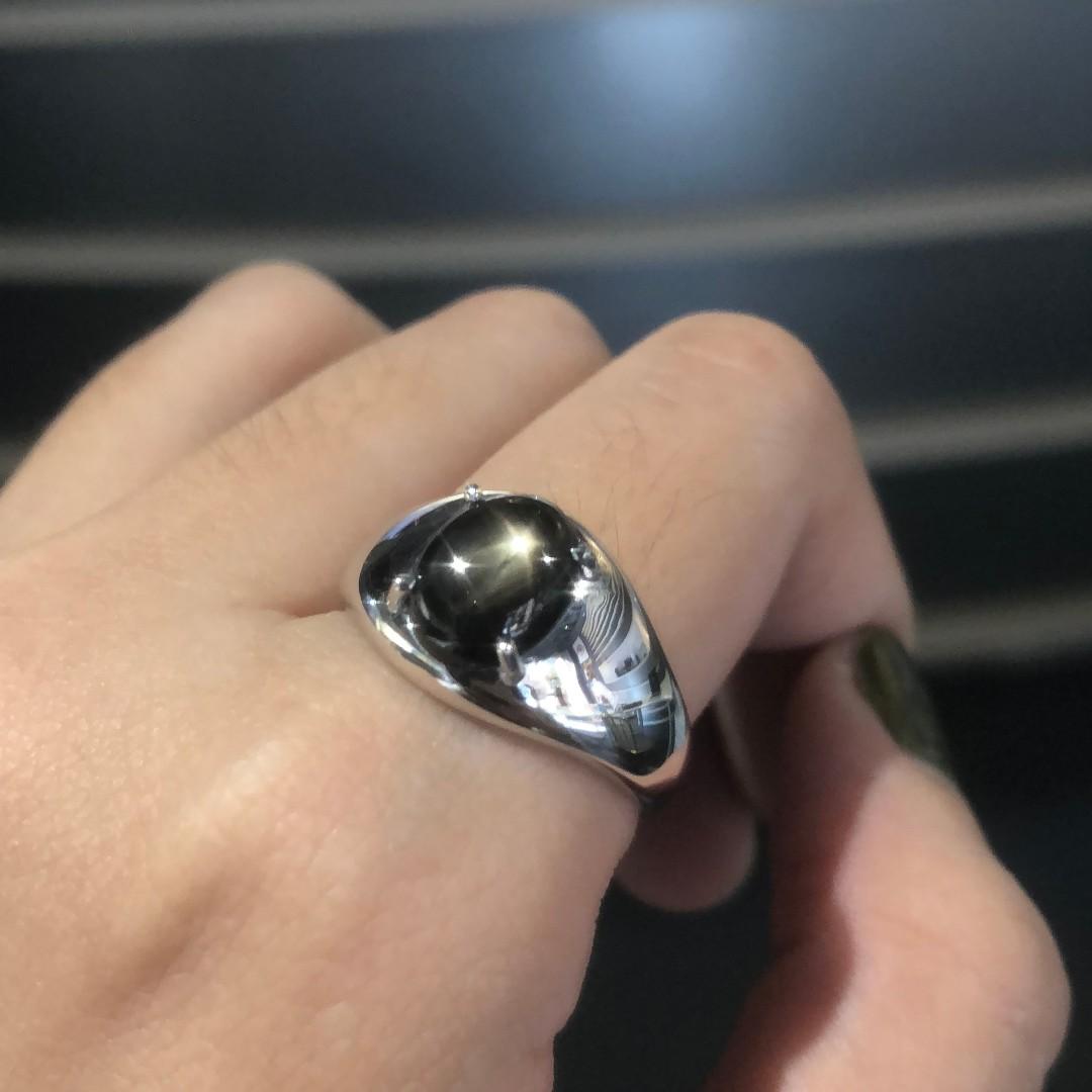 Ando Black Star Sapphire 18k White Gold Ring Men Ring Cabochon Black Gemstone Modern 2019 93