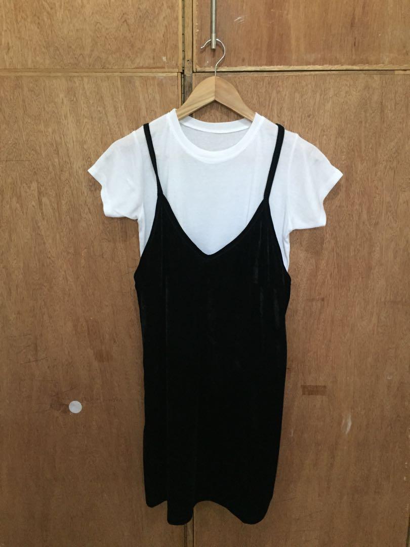 spaghetti strap dress with white shirt