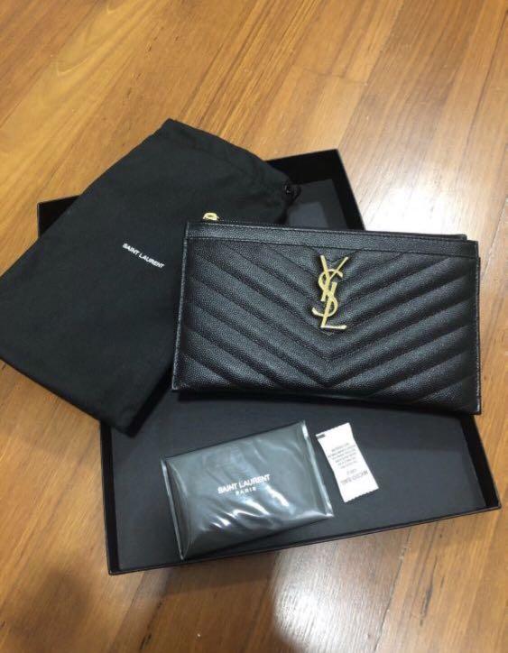 Authentic Ysl Yves Saint Laurent Monogram Bill Pouch In Grain De