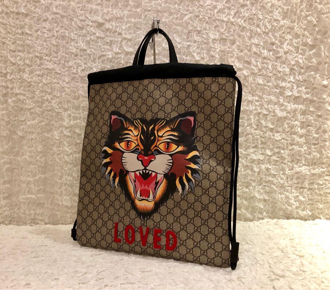 99 NEW GUCCI ANGRY CAT GG SUPREME DRAWSTRING BACKPACK Men s