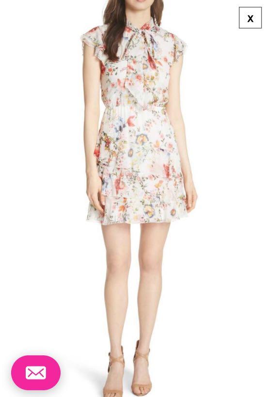 Alice Olivia Floral Soiree soft White Lessie Tie Neck Ruffled