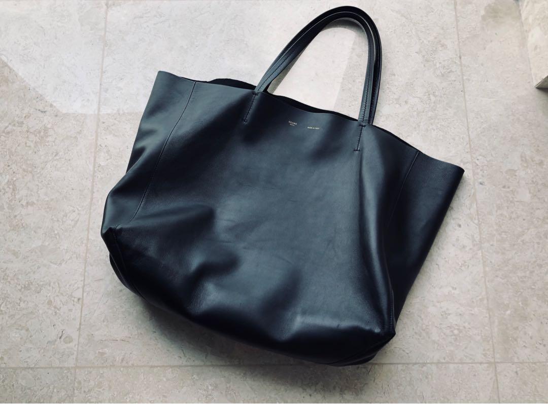 CELINE Black Lambskin Leather Horizontal Cabas Tote Bag