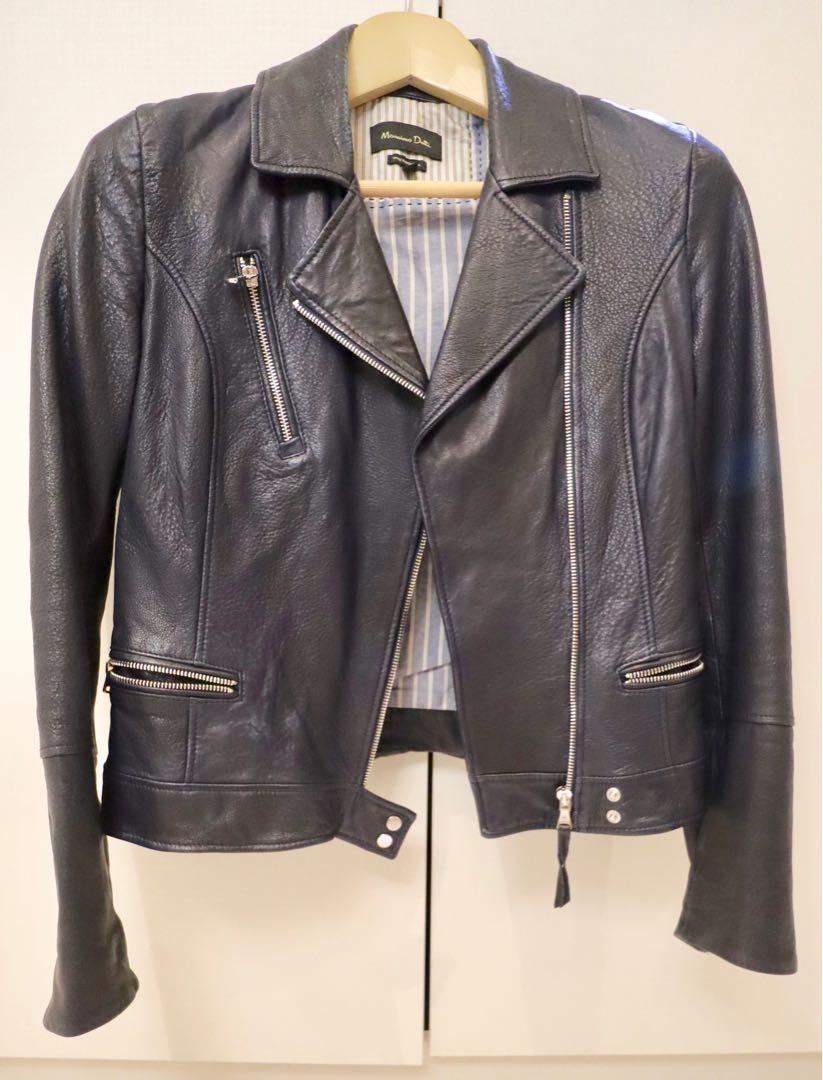 Massimo Dutti Blue Leather Biker Jacket Women s Fashion Coats