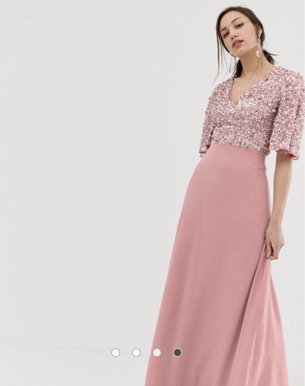 Maya sequin top maxi dress with flutter sleeve detail in vintage rose Women s Fashion Tops Sleeveless on Carousell