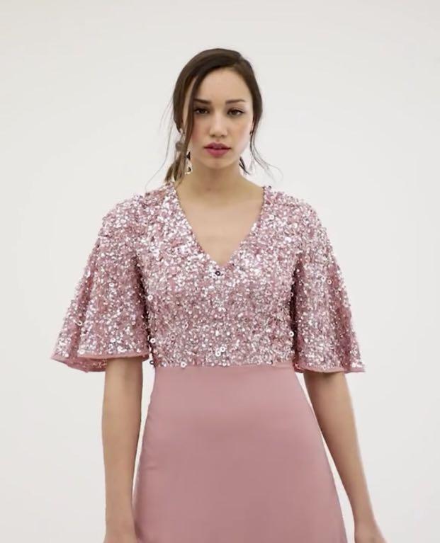 Maya sequin top maxi dress with flutter sleeve detail in vintage rose Women s Fashion Tops Sleeveless on Carousell