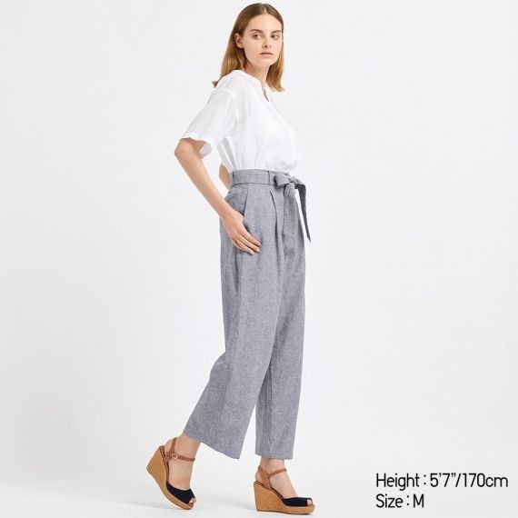 Women belted linen outlet cotton wide straight pants