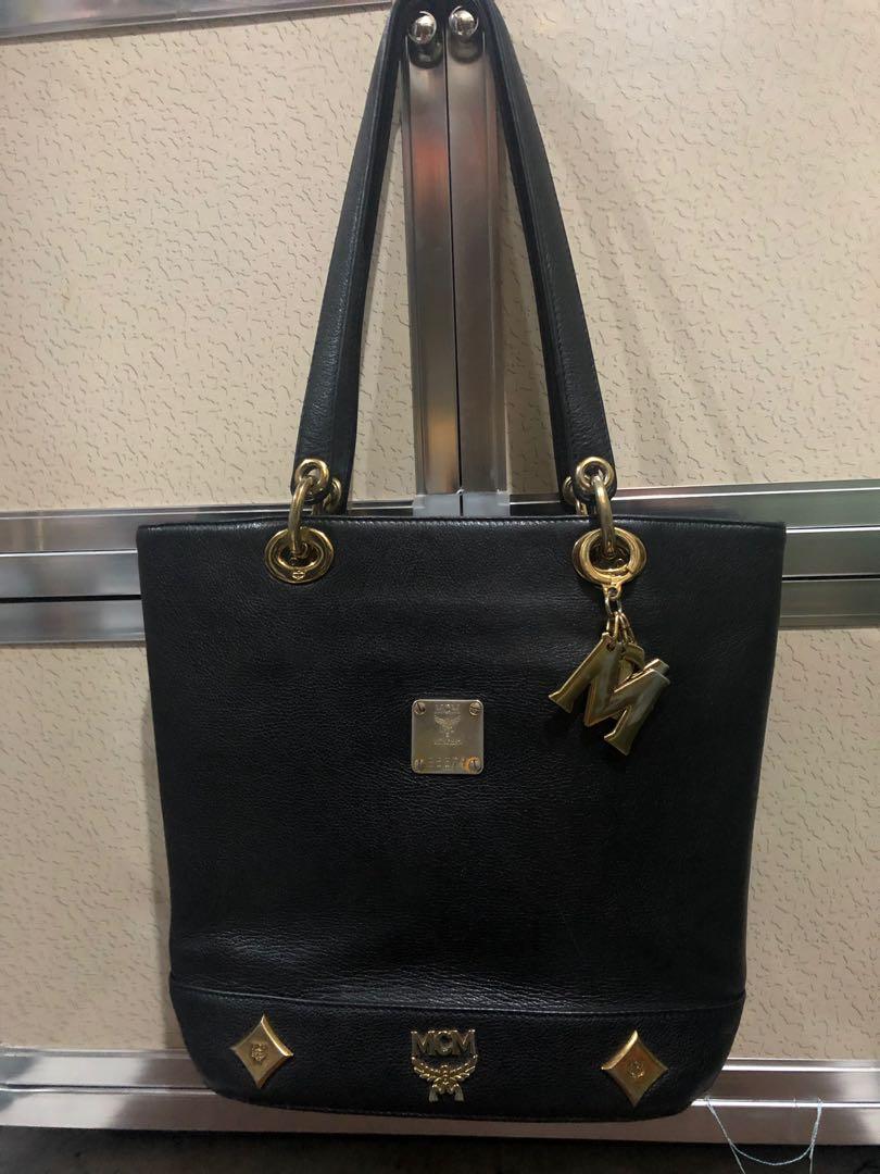 MCM Black Leather Mini Bucket Top Handle Bag with Keyring