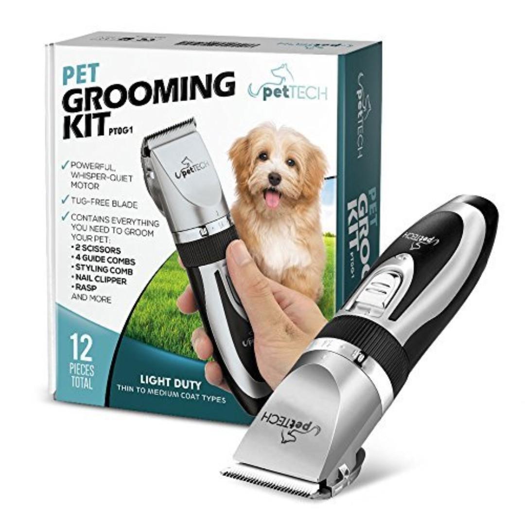 PetTech Professional Grooming Kit Rechargeable Cordless Pet Grooming Clippers Complete Set of 12 pieces Grooming Tools. Low Noise Suitable for Dogs Cats and Other Pets Pet Supplies Health