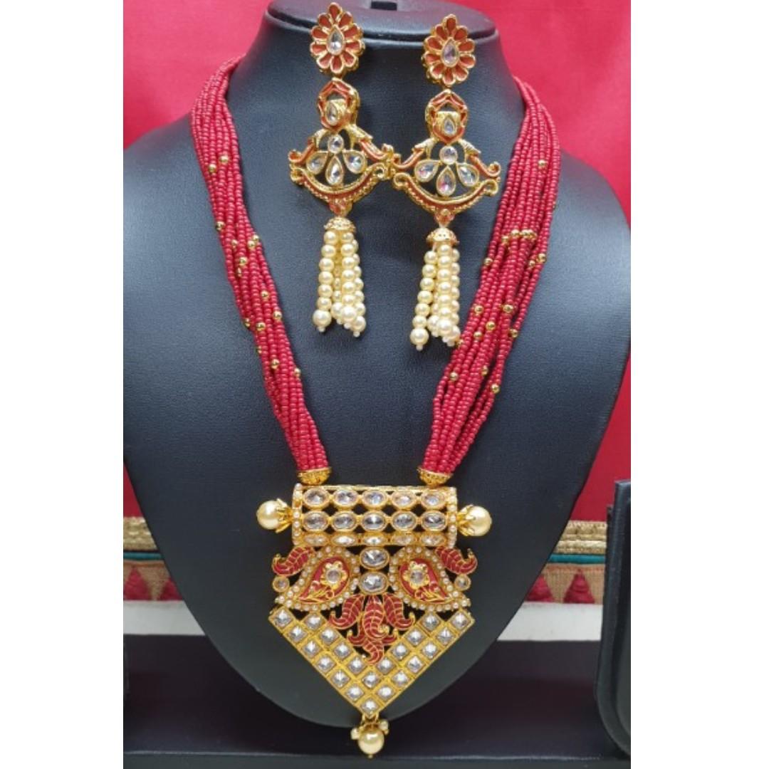 NCK19 153 Short Maroon Moti Necklace set with Earrings Indian