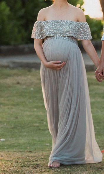 Silver grey Sequin Maternity Gown Women s Fashion Dresses