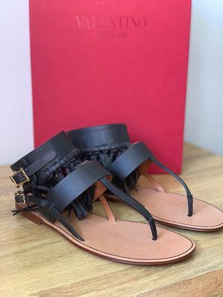 Valentino Illusion Fringe Ankle-Wrap Thong Sandal black leather