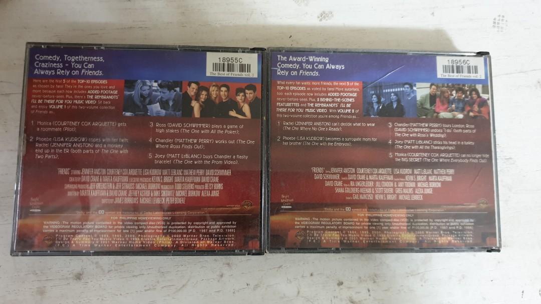 Friends vcd (Category: CDs & DVDs) located in Pasig City. Submitted by magnoliafern (Listing ID 246888925, Image 2). Description: The best of friends vcd The best episodes of friends Used 350 each In very good condition Part of a collection.