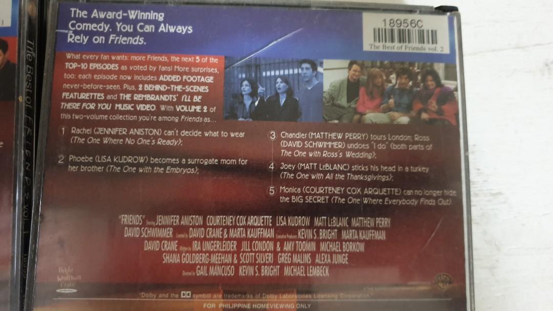 Friends vcd (Category: CDs & DVDs) located in Pasig City. Submitted by magnoliafern (Listing ID 246888925, Image 3). Description: The best of friends vcd The best episodes of friends Used 350 each In very good condition Part of a collection.