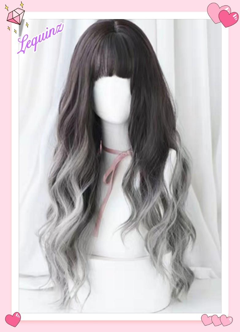 Korean Air Bangs Ombre Ash Grey Maggie Curly Hair Wig
