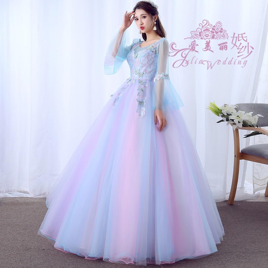 Pink and blue wedding dress store