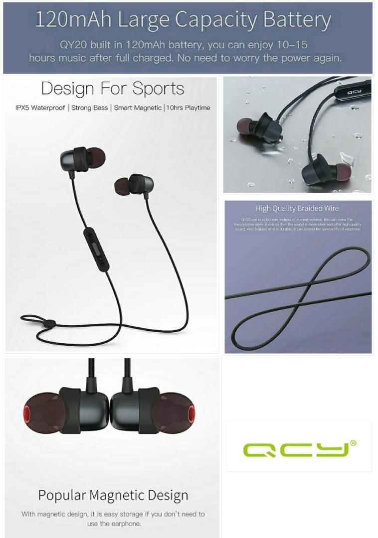 Calamiteit Monumentaal het formulier QCY QY20 Bluetooth V4.2 Wireless Earphone IPX5-Rated Sweatproof Sport  Headset With Microphone, Audio, Headphones & Headsets on Carousell