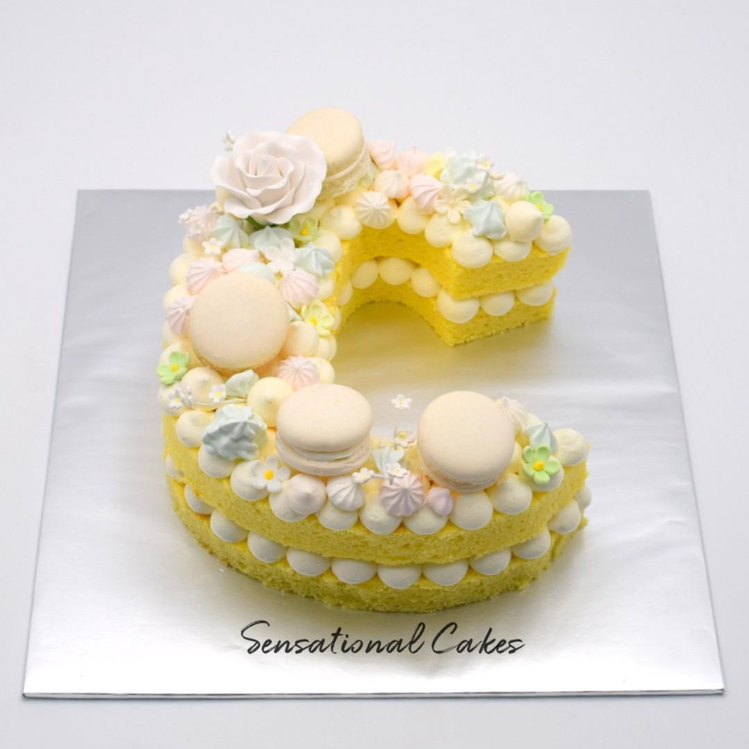 Cake Letter C Sponge Cake Customized Macarons And Rose Design